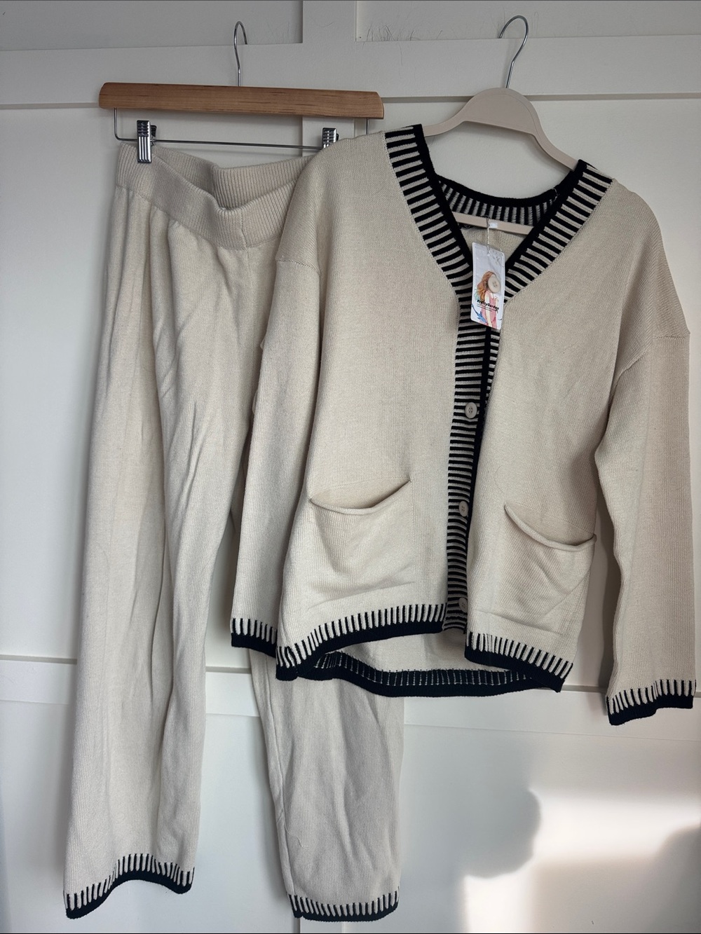 Cream Knit Track Pants & Cardigan Set with Black Trim